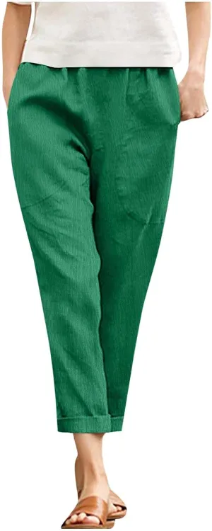 Women Linen Pants Lightweight Capri Pant Summer Casual Drawstring Elastic Waist Beach Trousers with Pockets