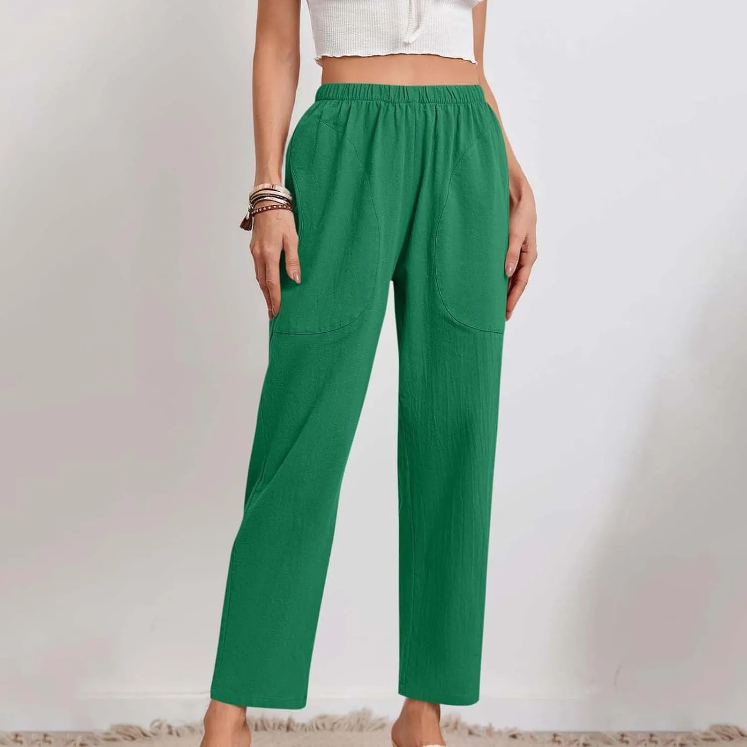 Women Linen Pants Lightweight Capri Pant Summer Casual Drawstring Elastic Waist Beach Trousers with Pockets
