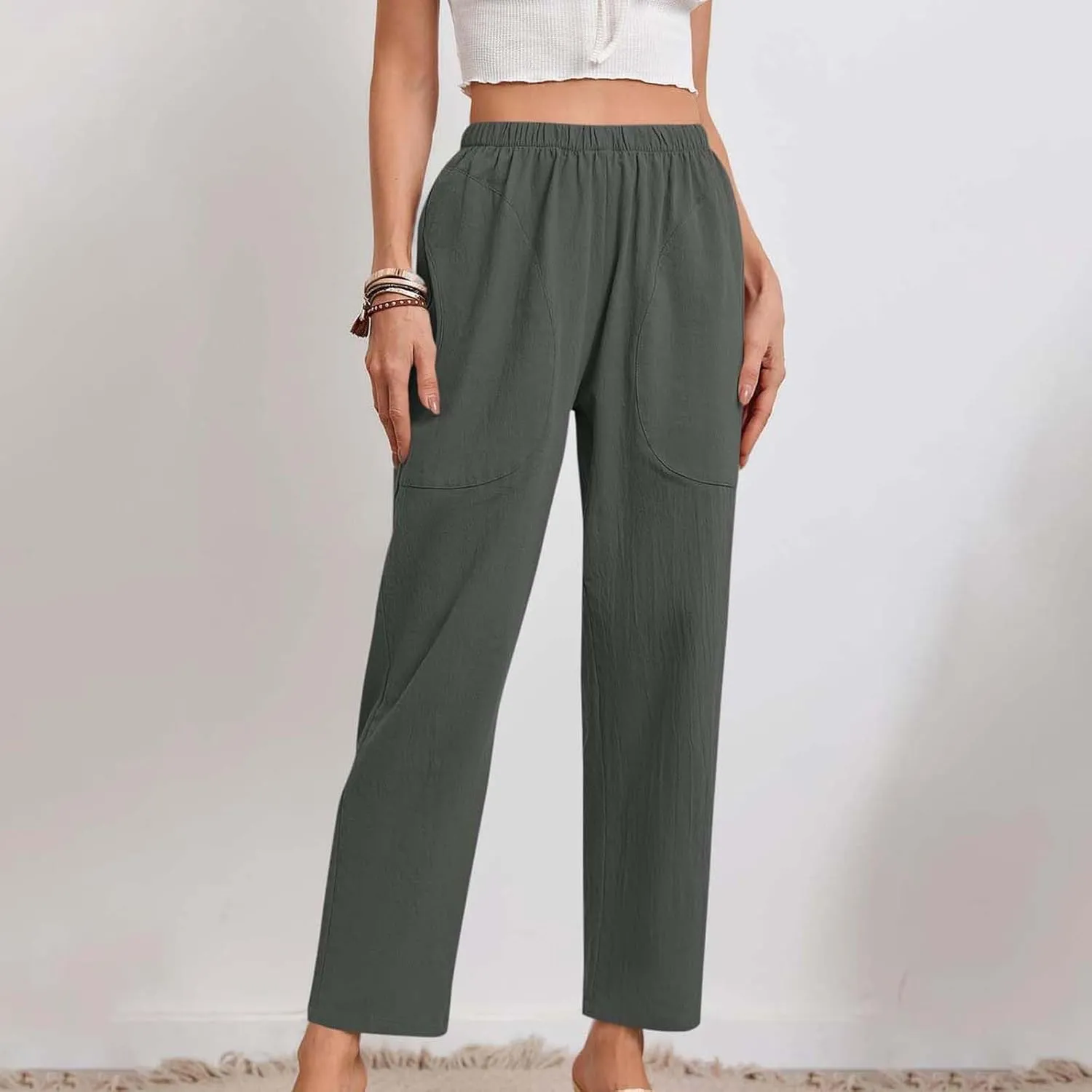 Women Linen Pants Lightweight Capri Pant Summer Casual Drawstring Elastic Waist Beach Trousers with Pockets
