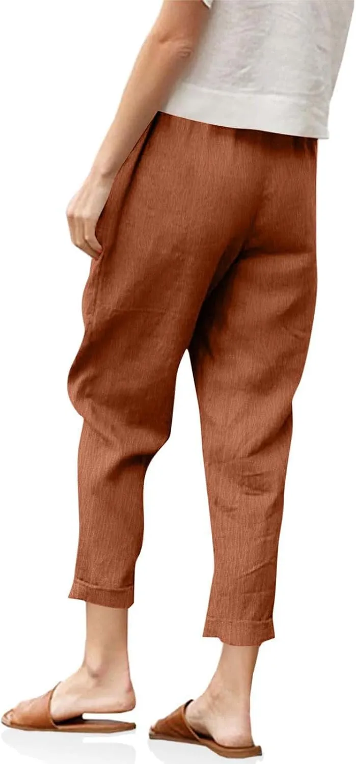 Women Linen Pants Lightweight Capri Pant Summer Casual Drawstring Elastic Waist Beach Trousers with Pockets