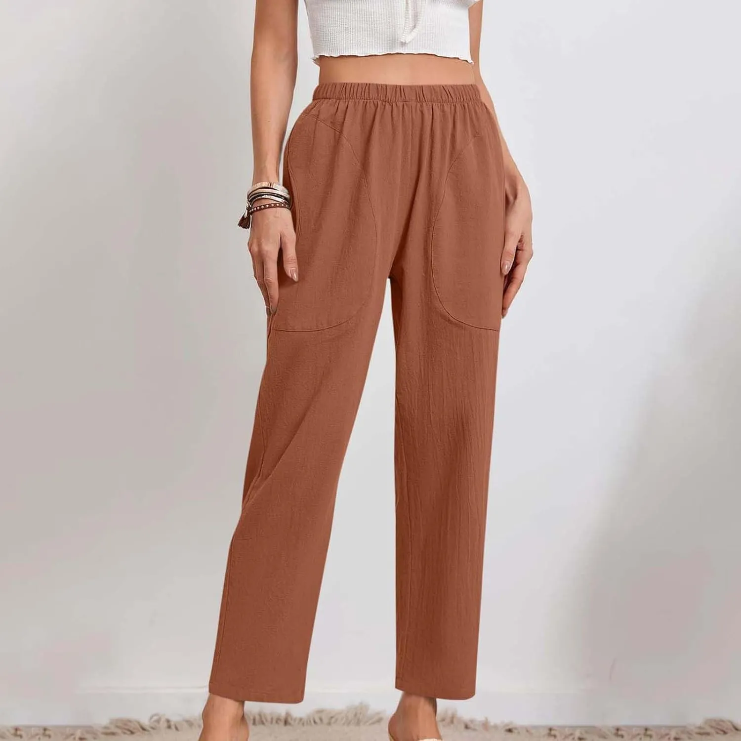 Women Linen Pants Lightweight Capri Pant Summer Casual Drawstring Elastic Waist Beach Trousers with Pockets