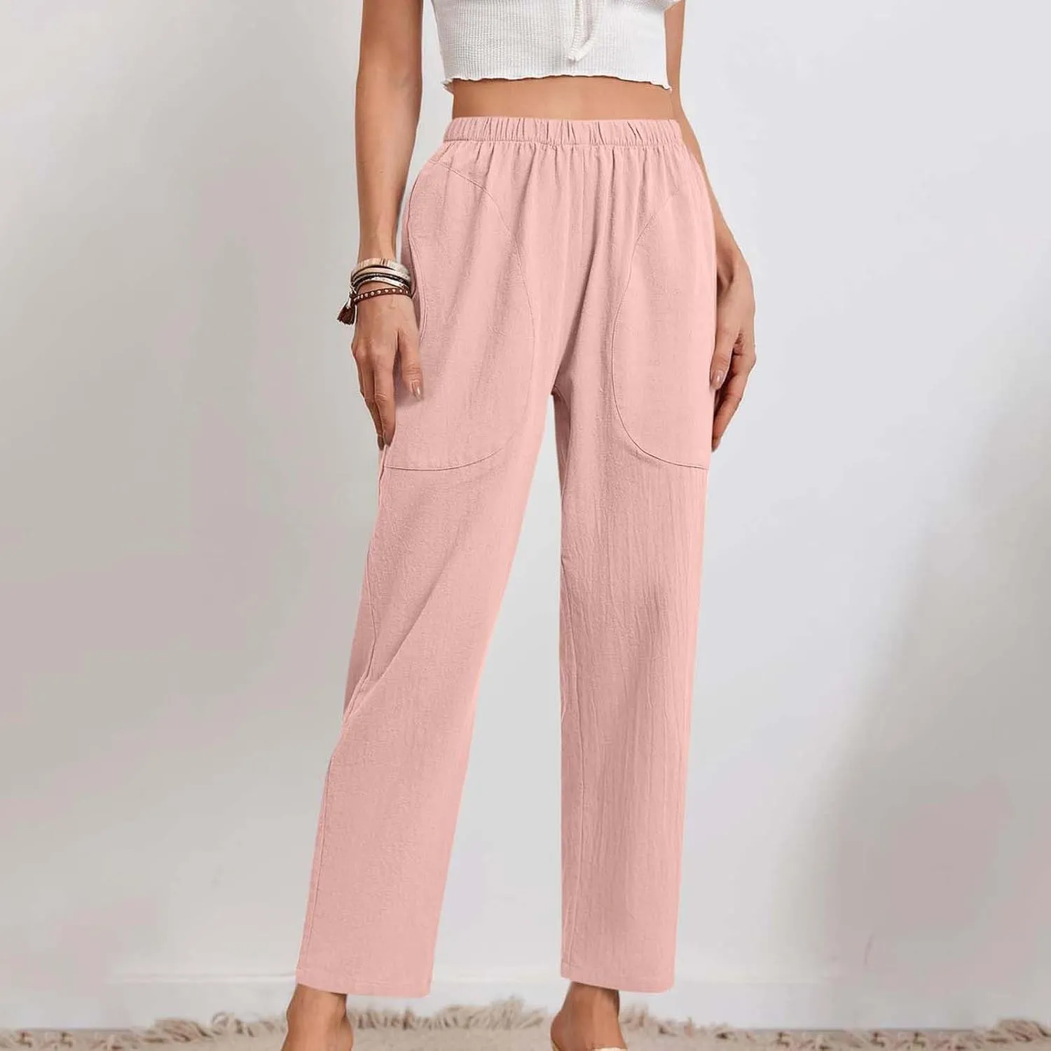 Women Linen Pants Lightweight Capri Pant Summer Casual Drawstring Elastic Waist Beach Trousers with Pockets