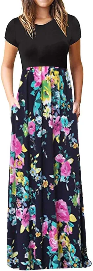 Women Plain Maxi Dresses 2025 Summer Short Sleeve Loose Casual Beach Long Dresses with Pockets