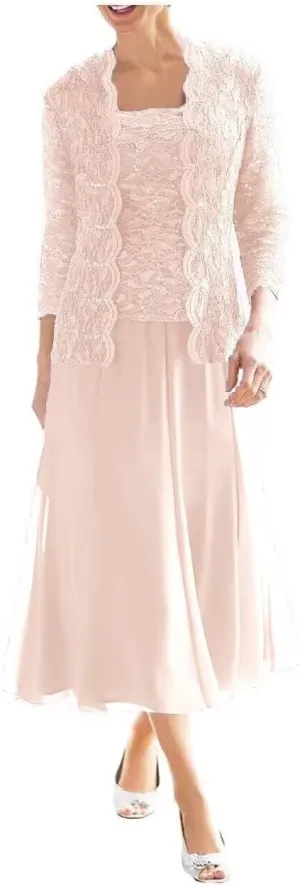 Women's 2 Pieces Mother of The Bride Dresses with Jackets Tea Length Lace Sequin Formal Dresses for Women Wedding Guest