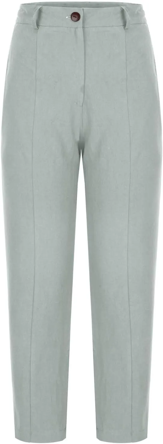 Womens Capri Pants Casual Summer Linen Cropped Pant Baggy Button High Waist Straight Leg Work Trousers