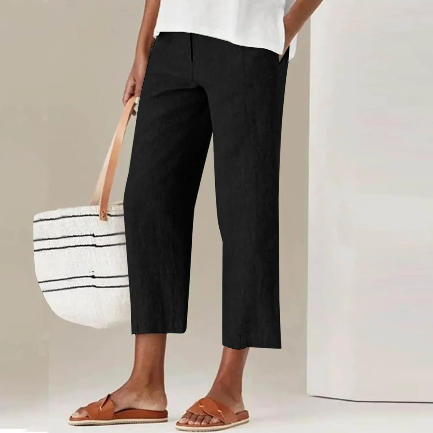 Womens Capri Pants Casual Summer Linen Cropped Pant Baggy Button High Waist Straight Leg Work Trousers