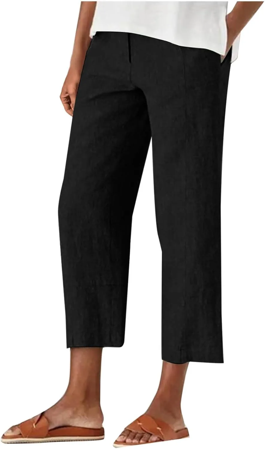 Womens Capri Pants Casual Summer Linen Cropped Pant Baggy Button High Waist Straight Leg Work Trousers
