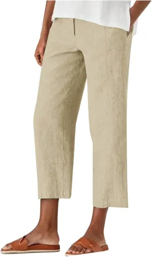 Womens Capri Pants Casual Summer Linen Cropped Pant Baggy Button High Waist Straight Leg Work Trousers