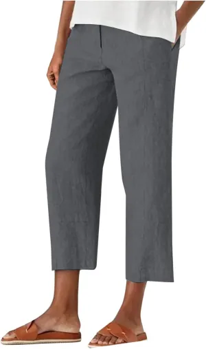 Womens Capri Pants Casual Summer Linen Cropped Pant Baggy Button High Waist Straight Leg Work Trousers