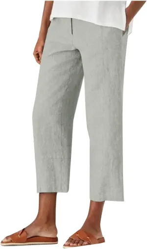 Womens Capri Pants Casual Summer Linen Cropped Pant Baggy Button High Waist Straight Leg Work Trousers