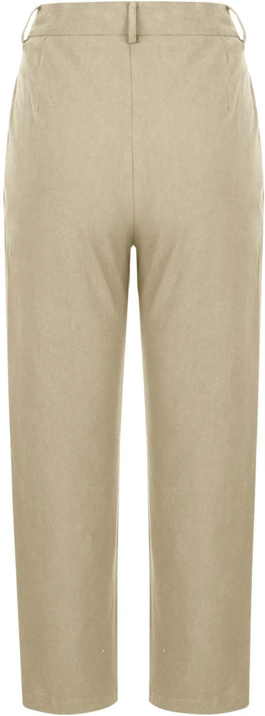 Womens Capri Pants Casual Summer Linen Cropped Pant Baggy Button High Waist Straight Leg Work Trousers