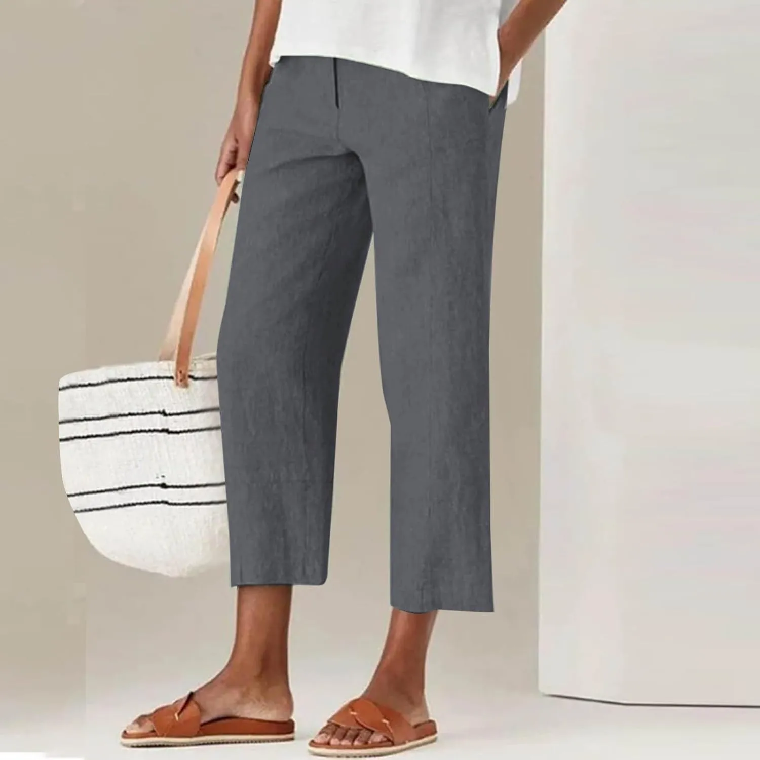 Womens Capri Pants Casual Summer Linen Cropped Pant Baggy Button High Waist Straight Leg Work Trousers