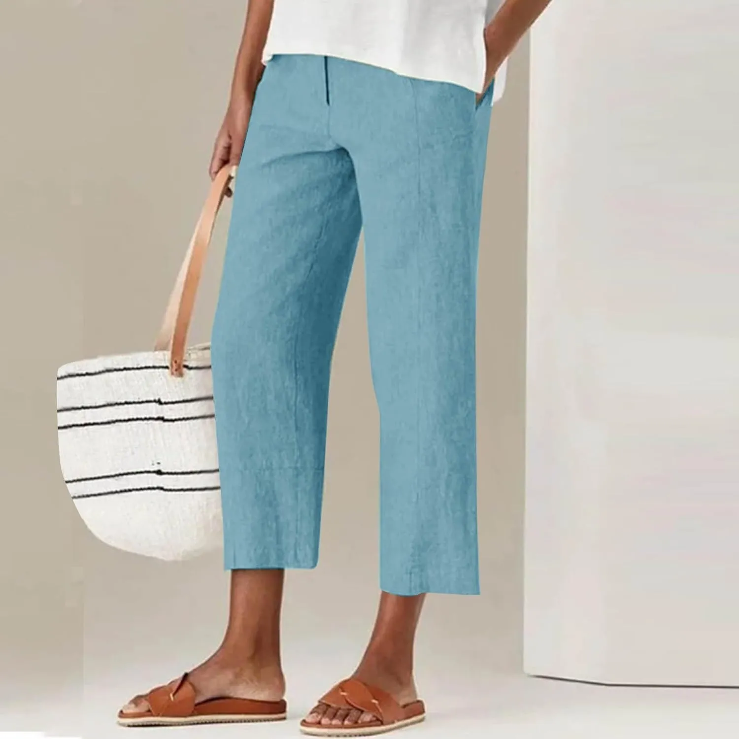 Womens Capri Pants Casual Summer Linen Cropped Pant Baggy Button High Waist Straight Leg Work Trousers