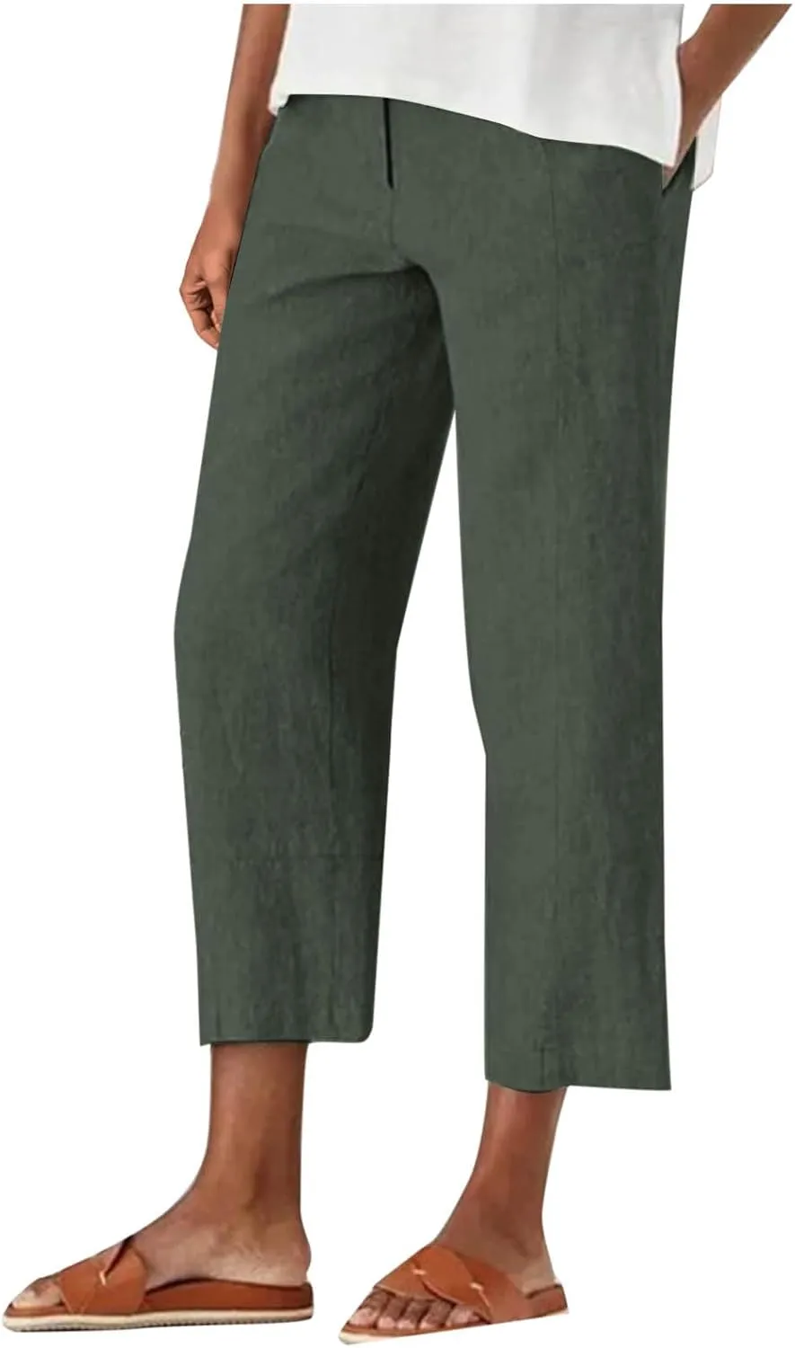Womens Capri Pants Casual Summer Linen Cropped Pant Baggy Button High Waist Straight Leg Work Trousers