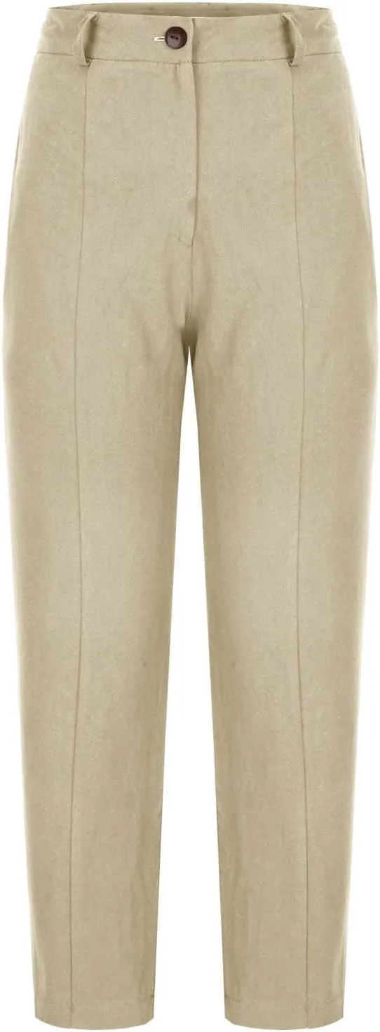 Womens Capri Pants Casual Summer Linen Cropped Pant Baggy Button High Waist Straight Leg Work Trousers