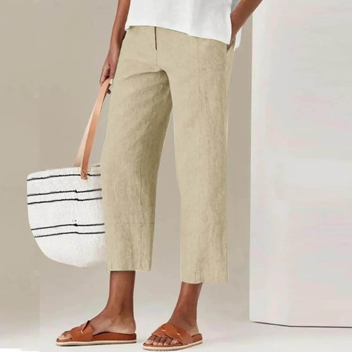 Womens Capri Pants Casual Summer Linen Cropped Pant Baggy Button High Waist Straight Leg Work Trousers