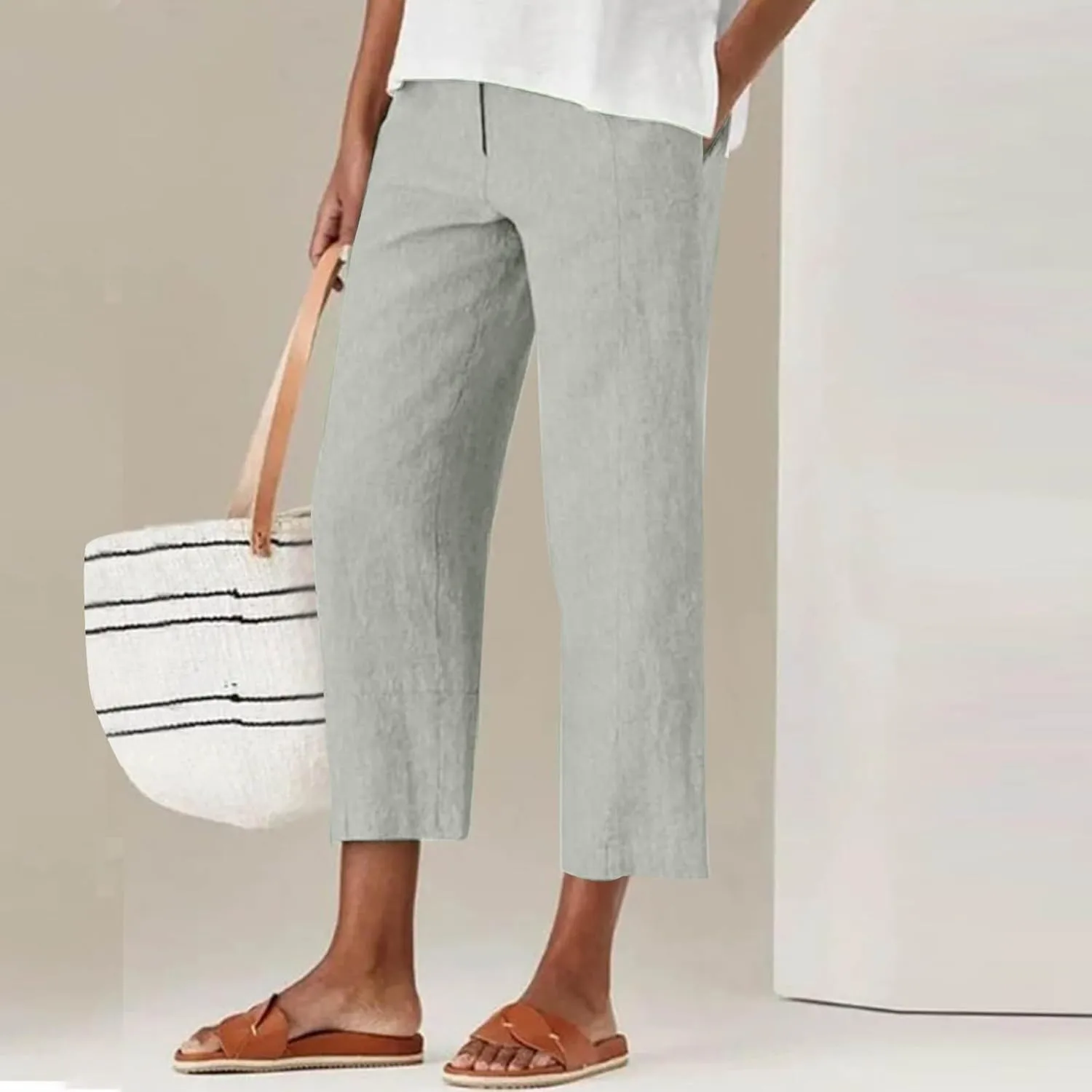 Womens Capri Pants Casual Summer Linen Cropped Pant Baggy Button High Waist Straight Leg Work Trousers