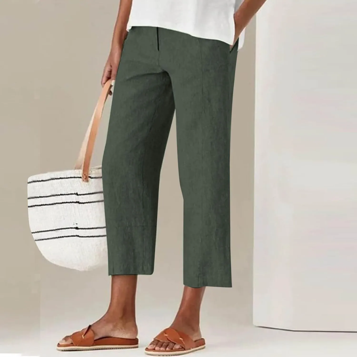 Womens Capri Pants Casual Summer Linen Cropped Pant Baggy Button High Waist Straight Leg Work Trousers