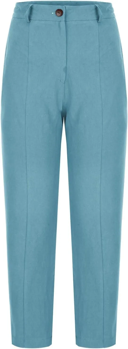 Womens Capri Pants Casual Summer Linen Cropped Pant Baggy Button High Waist Straight Leg Work Trousers