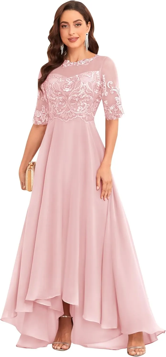 Women's Chiffon Half Sleeve Mother of The Bride Dresses for Wedding Scoop Neck Lace Appliques Evening Formal Party Gowns