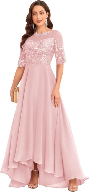 Women's Chiffon Half Sleeve Mother of The Bride Dresses for Wedding Scoop Neck Lace Appliques Evening Formal Party Gowns