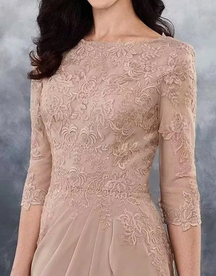 Women's Chiffon Mother of The Bride Dresses with 3/4 Sleeve for Wedding Lace Applique Formal Evening Gowns PG011