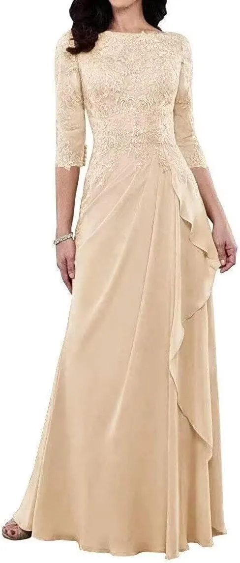 Women's Chiffon Mother of The Bride Dresses with 3/4 Sleeve for Wedding Lace Applique Formal Evening Gowns PG011