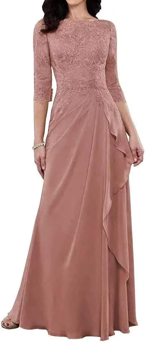 Women's Chiffon Mother of The Bride Dresses with 3/4 Sleeve for Wedding Lace Applique Formal Evening Gowns PG011