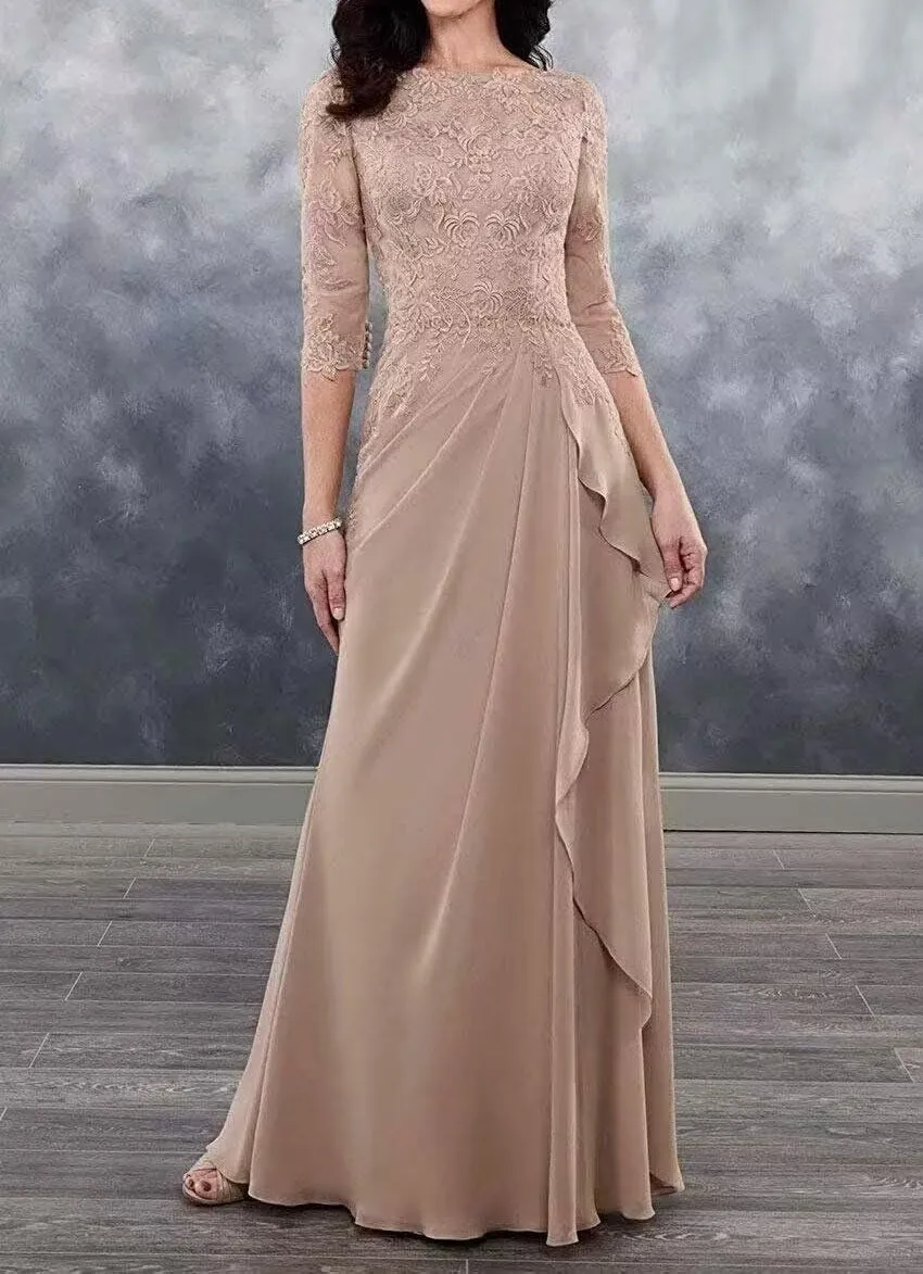 Women's Chiffon Mother of The Bride Dresses with 3/4 Sleeve for Wedding Lace Applique Formal Evening Gowns PG011