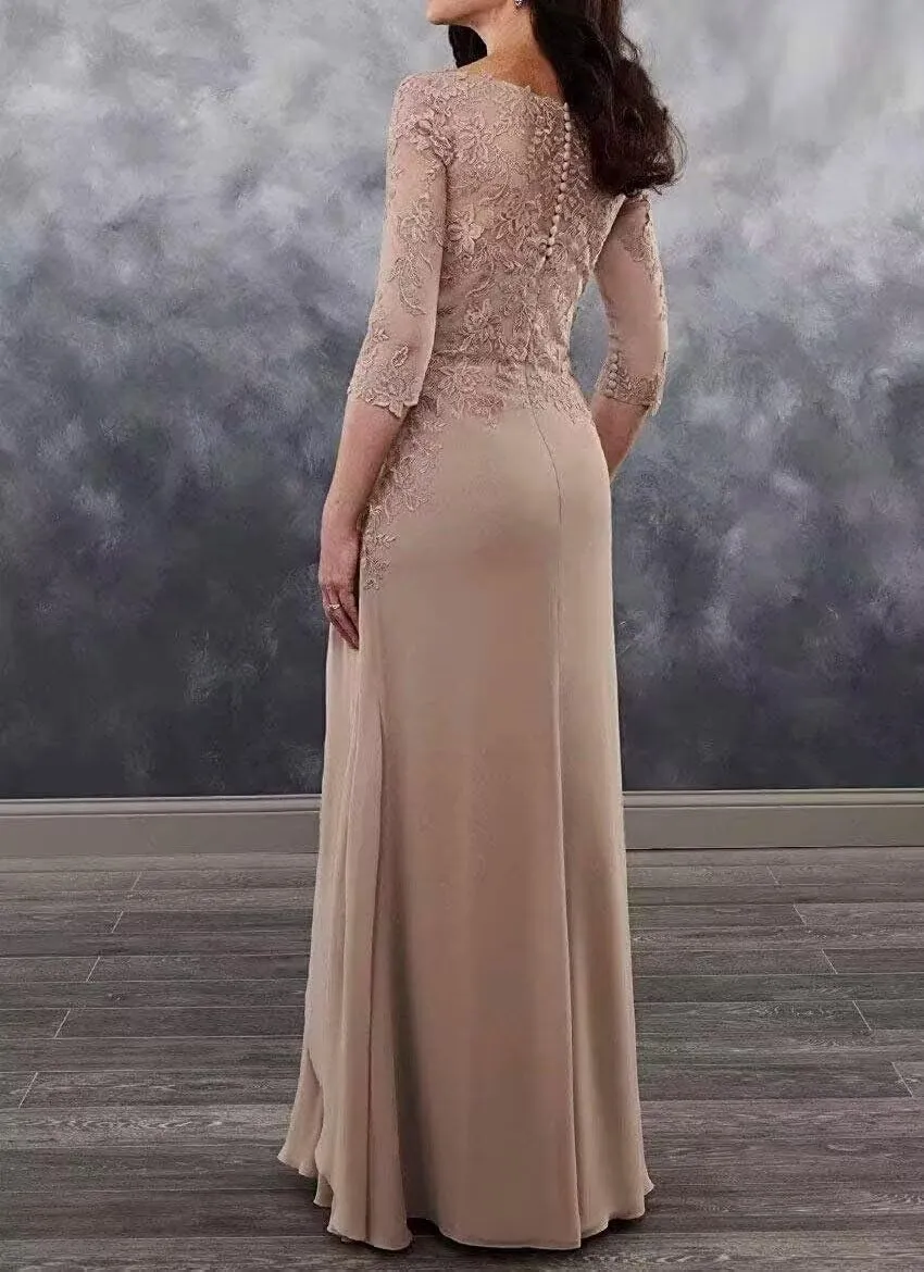 Women's Chiffon Mother of The Bride Dresses with 3/4 Sleeve for Wedding Lace Applique Formal Evening Gowns PG011