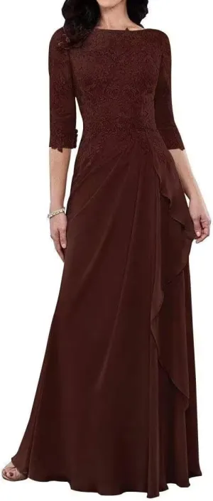 Women's Chiffon Mother of The Bride Dresses with 3/4 Sleeve for Wedding Lace Applique Formal Evening Gowns PG011
