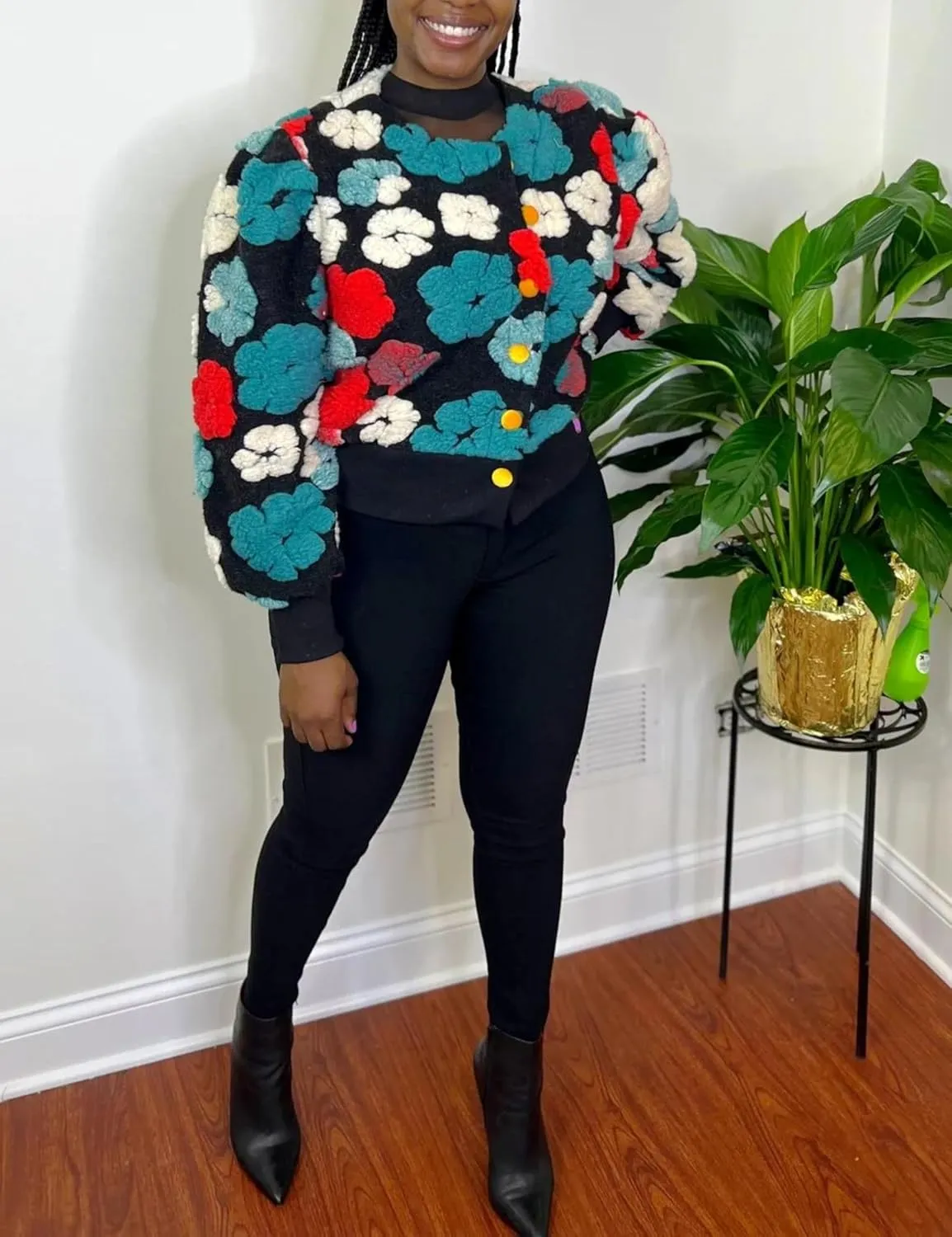 Womens Cropped Floral Print Jacket Warm Fleece Bomber Jacket Casual Button Down Coats Fall Puff Outerwears
