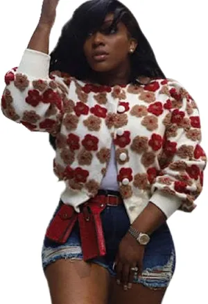Womens Cropped Floral Print Jacket Warm Fleece Bomber Jacket Casual Button Down Coats Fall Puff Outerwears