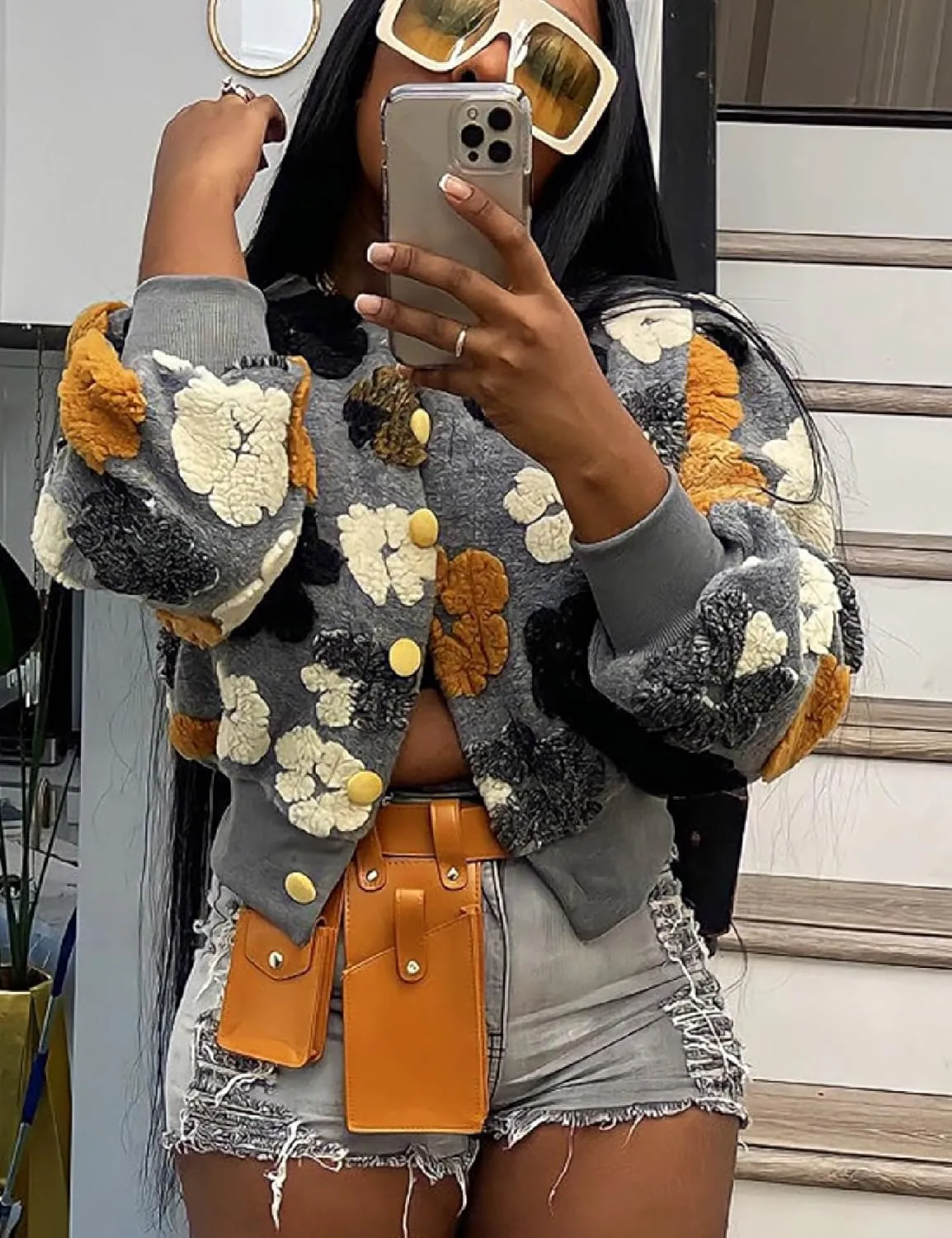 Womens Cropped Floral Print Jacket Warm Fleece Bomber Jacket Casual Button Down Coats Fall Puff Outerwears