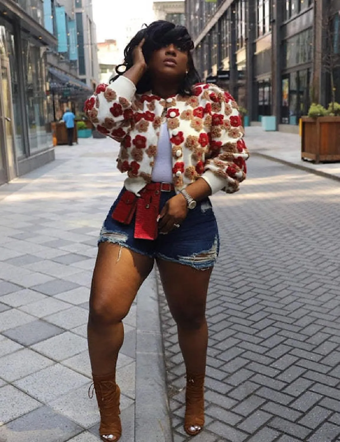 Womens Cropped Floral Print Jacket Warm Fleece Bomber Jacket Casual Button Down Coats Fall Puff Outerwears