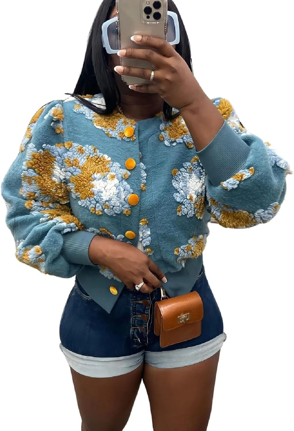 Womens Cropped Floral Print Jacket Warm Fleece Bomber Jacket Casual Button Down Coats Fall Puff Outerwears