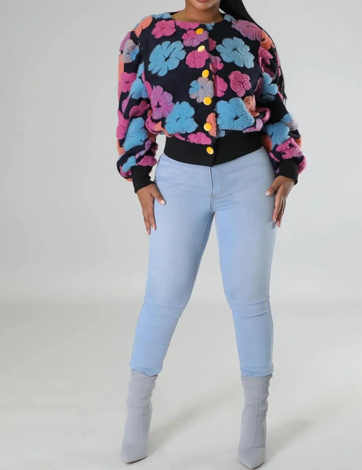 Womens Cropped Floral Print Jacket Warm Fleece Bomber Jacket Casual Button Down Coats Fall Puff Outerwears