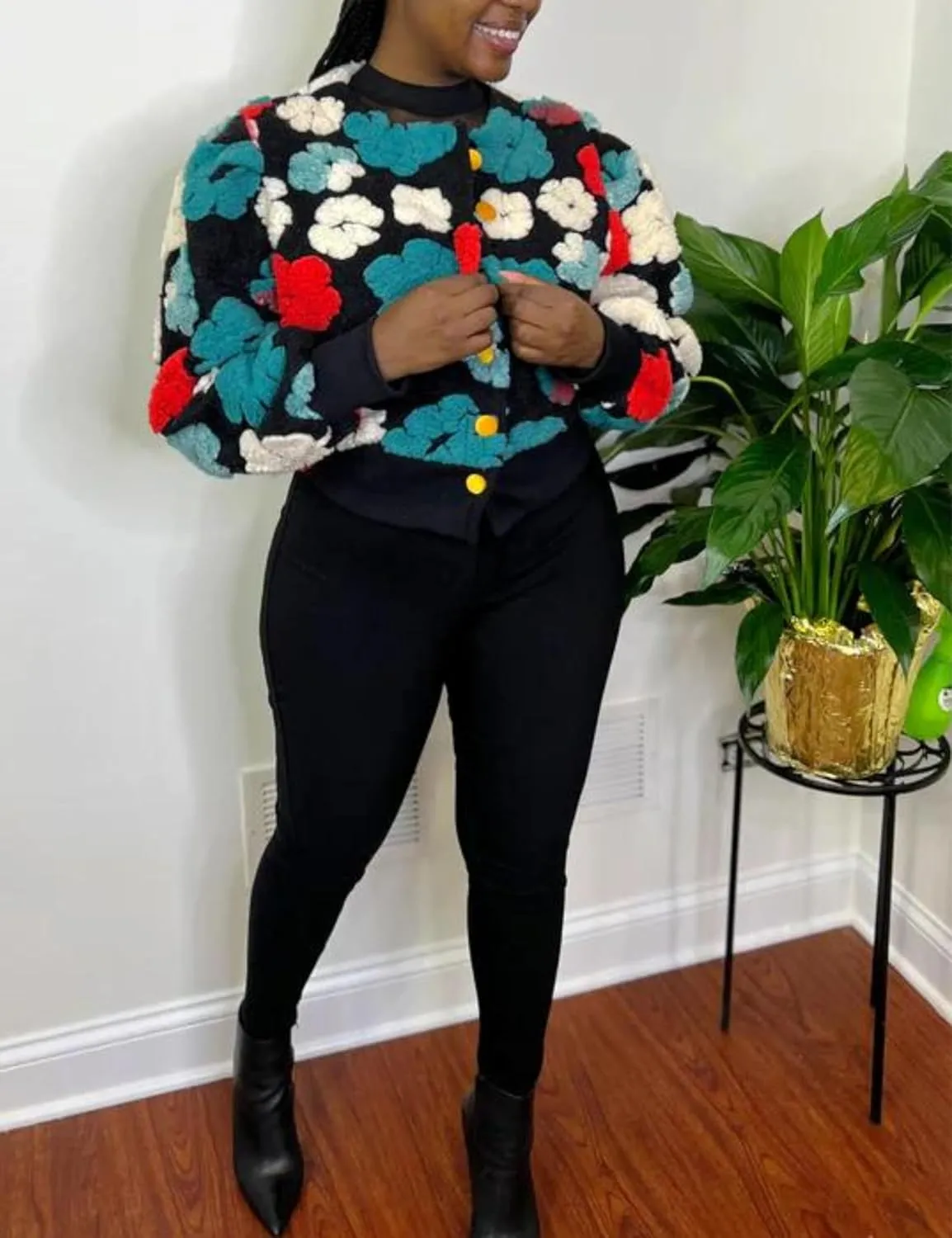 Womens Cropped Floral Print Jacket Warm Fleece Bomber Jacket Casual Button Down Coats Fall Puff Outerwears