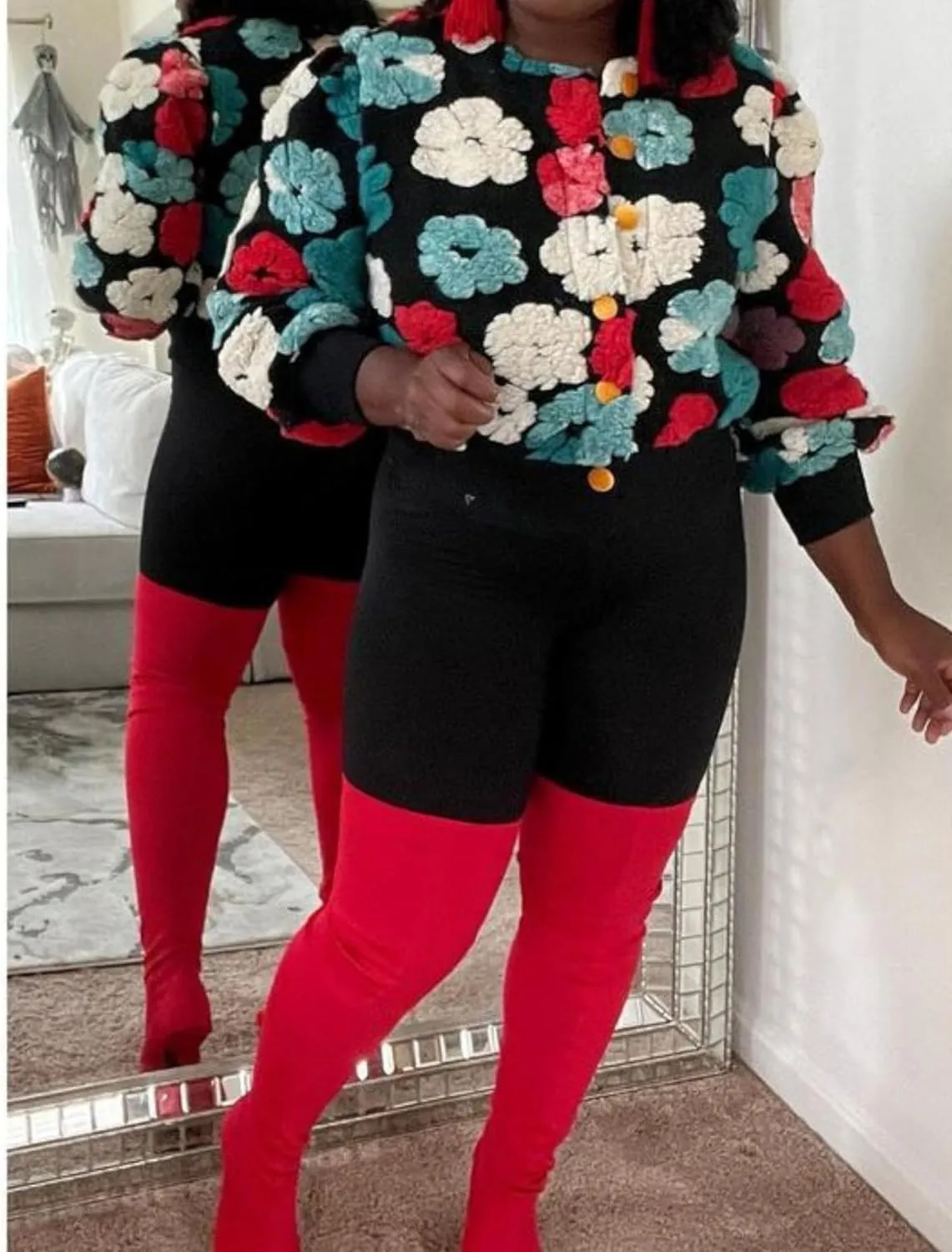 Womens Cropped Floral Print Jacket Warm Fleece Bomber Jacket Casual Button Down Coats Fall Puff Outerwears