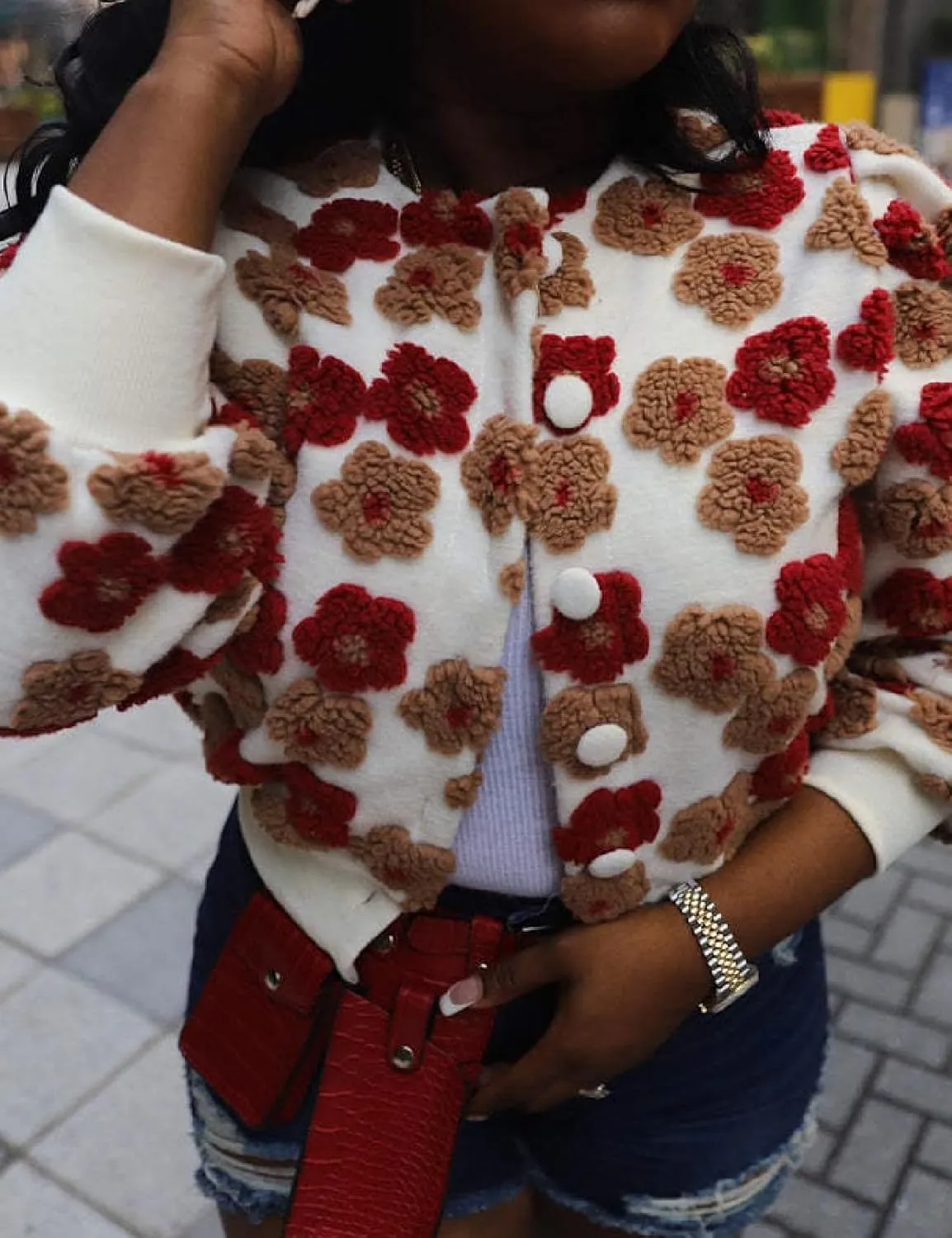 Womens Cropped Floral Print Jacket Warm Fleece Bomber Jacket Casual Button Down Coats Fall Puff Outerwears