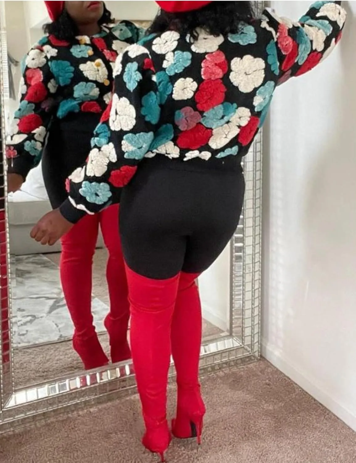 Womens Cropped Floral Print Jacket Warm Fleece Bomber Jacket Casual Button Down Coats Fall Puff Outerwears