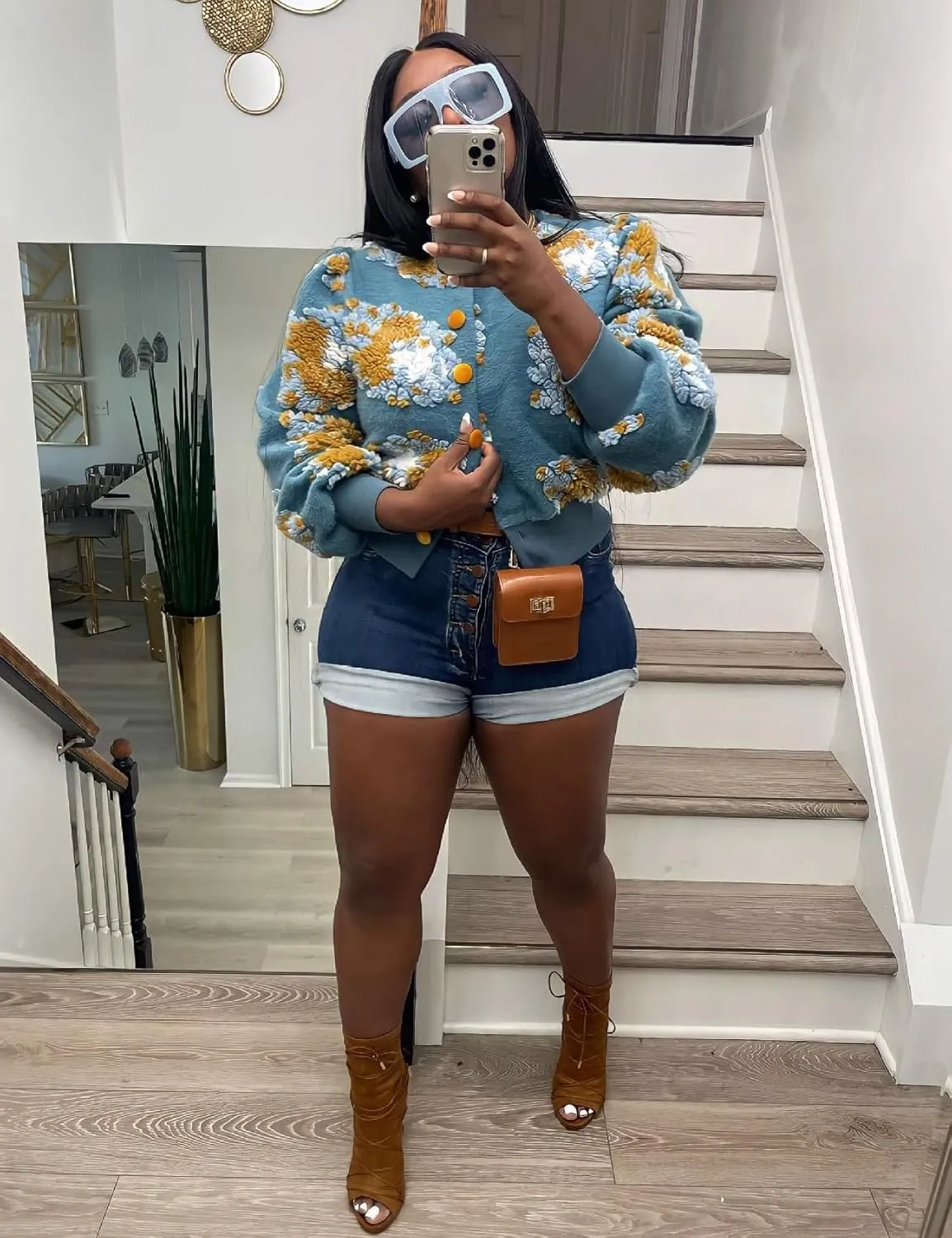 Womens Cropped Floral Print Jacket Warm Fleece Bomber Jacket Casual Button Down Coats Fall Puff Outerwears