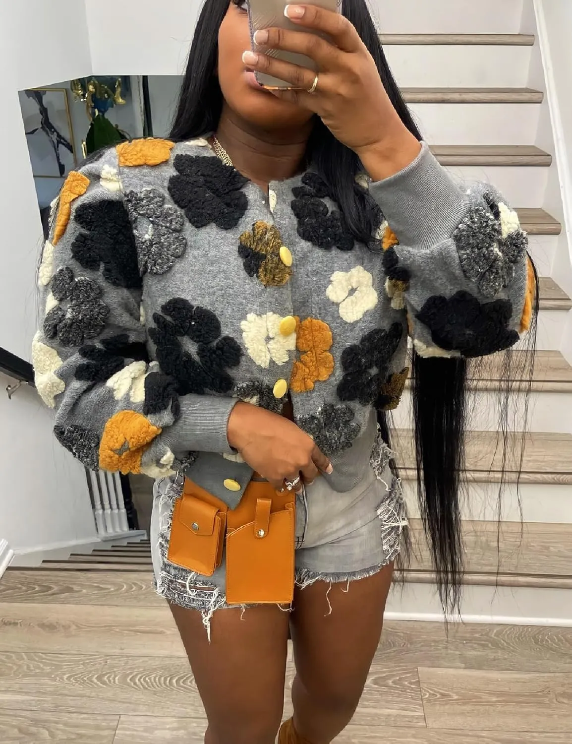 Womens Cropped Floral Print Jacket Warm Fleece Bomber Jacket Casual Button Down Coats Fall Puff Outerwears