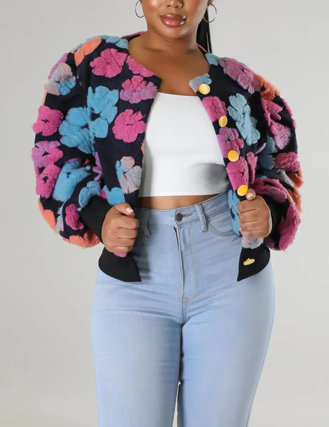 Womens Cropped Floral Print Jacket Warm Fleece Bomber Jacket Casual Button Down Coats Fall Puff Outerwears