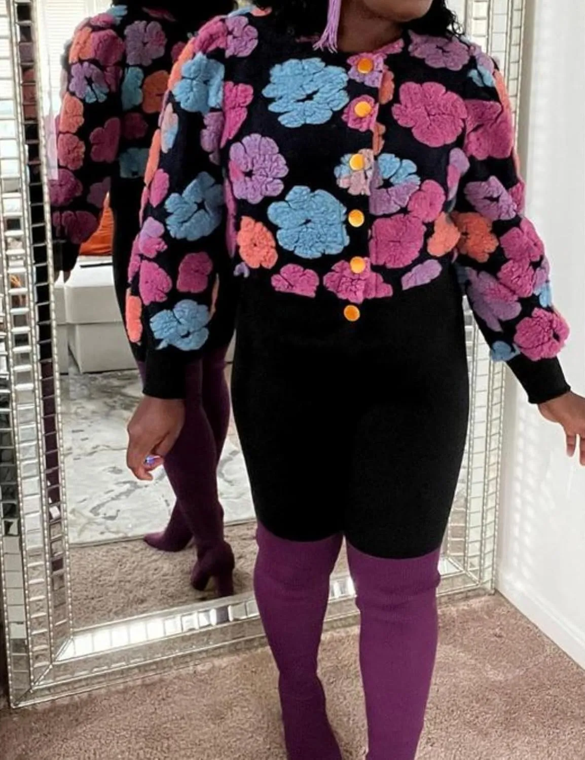 Womens Cropped Floral Print Jacket Warm Fleece Bomber Jacket Casual Button Down Coats Fall Puff Outerwears