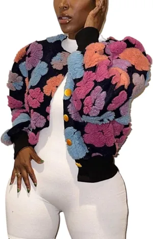 Womens Cropped Floral Print Jacket Warm Fleece Bomber Jacket Casual Button Down Coats Fall Puff Outerwears
