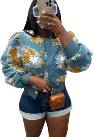 Womens Cropped Floral Print Jacket Warm Fleece Bomber Jacket Casual Button Down Coats Fall Puff Outerwears