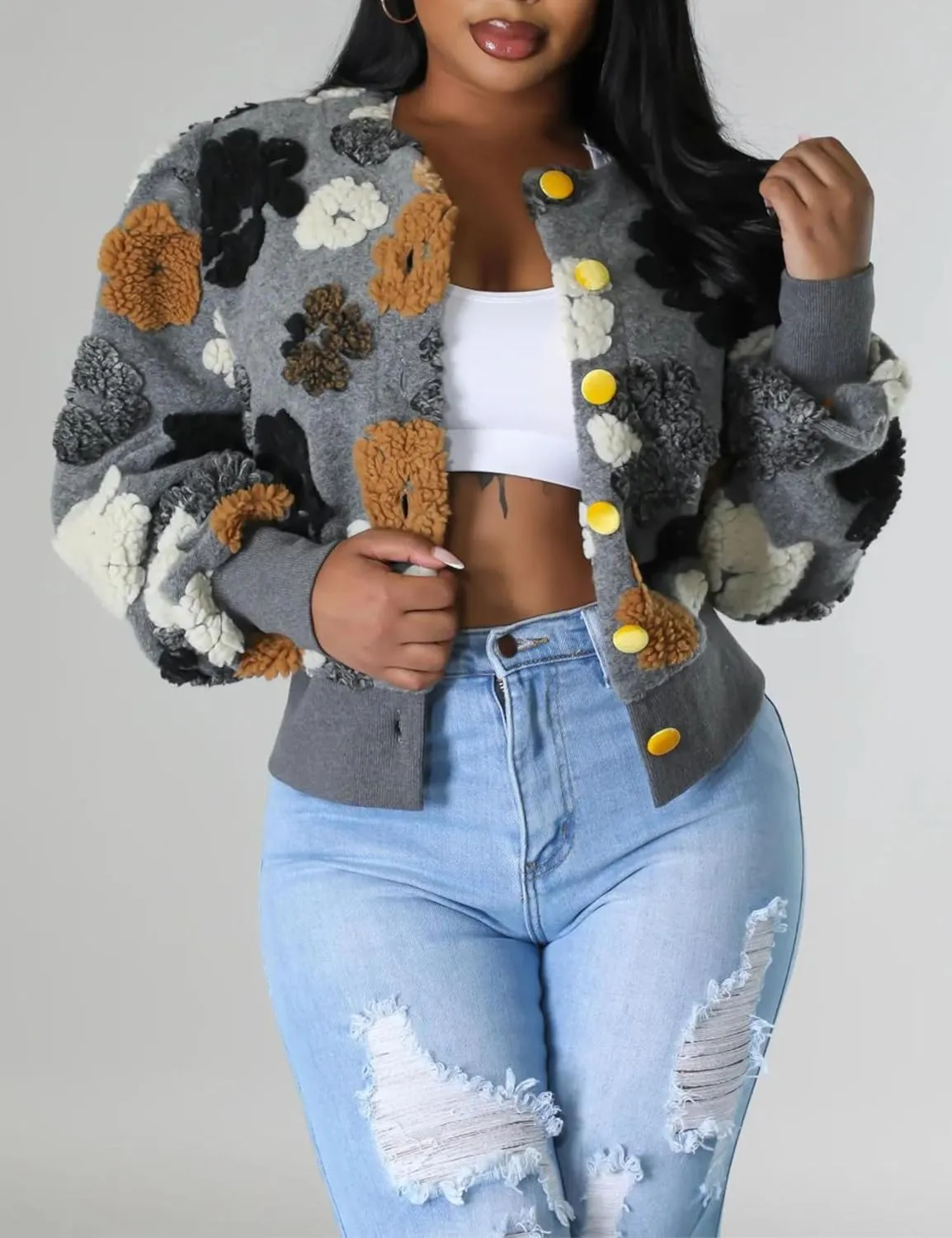 Womens Cropped Floral Print Jacket Warm Fleece Bomber Jacket Casual Button Down Coats Fall Puff Outerwears