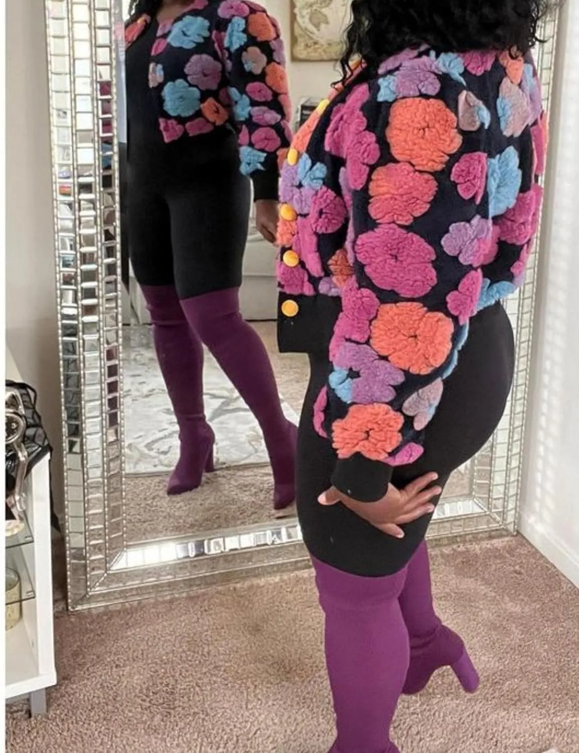 Womens Cropped Floral Print Jacket Warm Fleece Bomber Jacket Casual Button Down Coats Fall Puff Outerwears