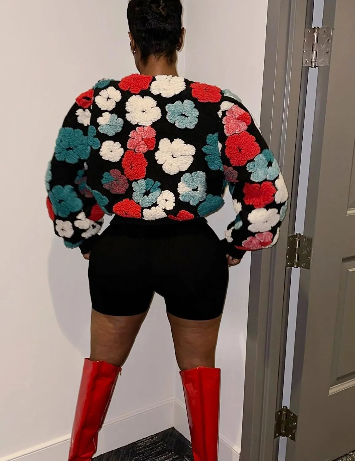 Womens Cropped Floral Print Jacket Warm Fleece Bomber Jacket Casual Button Down Coats Fall Puff Outerwears